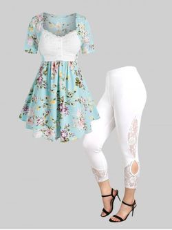 Sweetheart Neck Floral Print Blouse and Lace Panel Leggings Plus Size Summer Outfit - GREEN