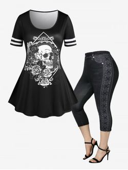 Rose Skull Gothic Tee and Leggings Plus Size Summer Outfit - BLACK