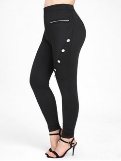 Plus Size Zip Button Embellish Leggings - BLACK - 4X
