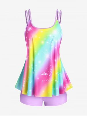 Plus Size & Curve Rainbow Color Starlight Boyleg Modest Tankini Swimsuit