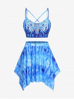 Plus Size & Curve Crisscross Tie Dye Handkerchief Skirted Tankini Swimsuit - BLUE - 5X