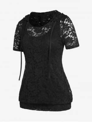 Plus Size & Curve Hooded Sheer Lace T Shirt and Tank Top Set
