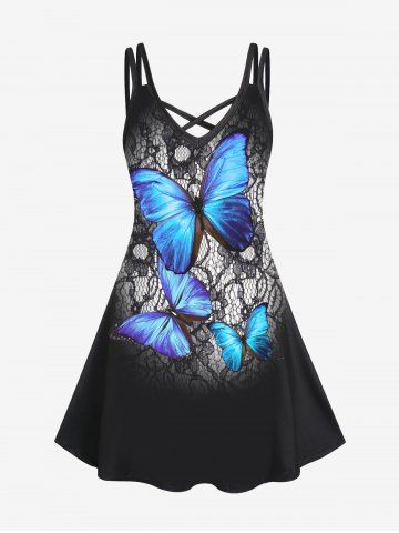 Plus Size & Curve Butterfly Print Crisscross Knee Length Gothic Dress - BLACK - 1X | US 14-16