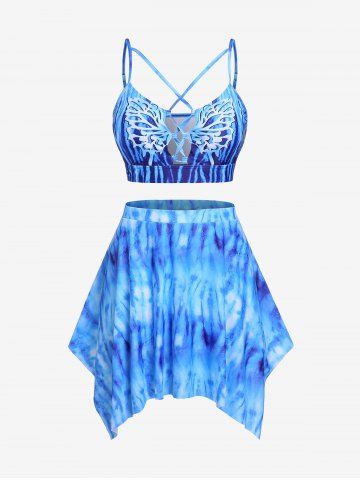 Plus Size & Curve Crisscross Tie Dye Handkerchief Skirted Tankini Swimsuit - BLUE - 4X