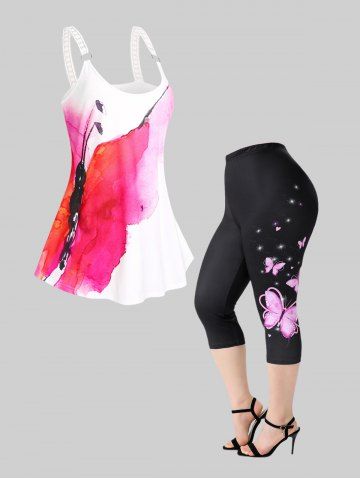 Butterfly Print Tank Top and Capri Leggings Plus Size Summer Outfit - WHITE