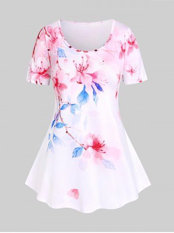 Plus Size & Curve Floral Print Cottagecore T-shirt - WHITE - 5X | US 30-32