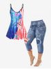 Patriotic American Flag Butterfly Tank Top and Skinny American Flag 3D Capri Jeggings Plus Size Summer Outfit -  