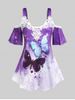 T-shirt Côtelé à Imprimé Papillon à Epaule Dénudée de Grande Taille - Violet clair 