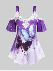 Plus Size & Curve Butterfly Print Cold Shoulder Tee -  