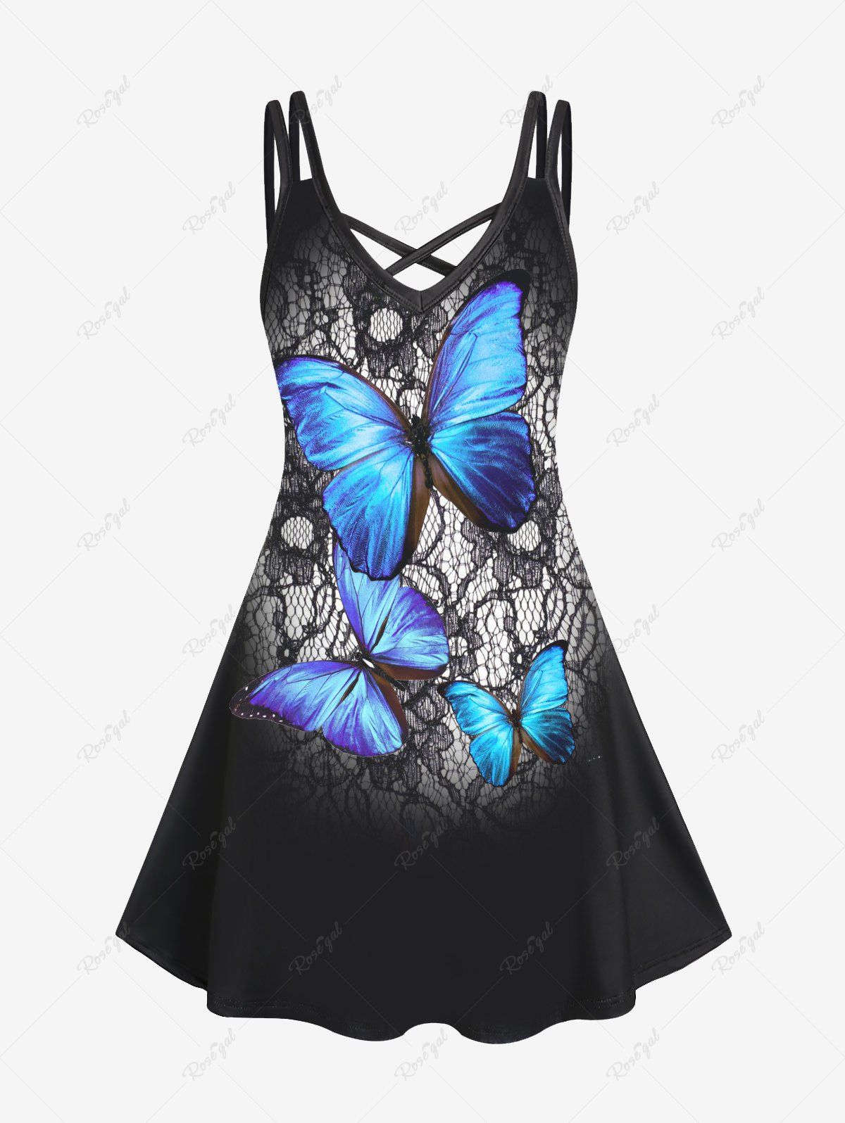 Trendy Plus Size & Curve Butterfly Print Crisscross Knee Length Gothic Dress  