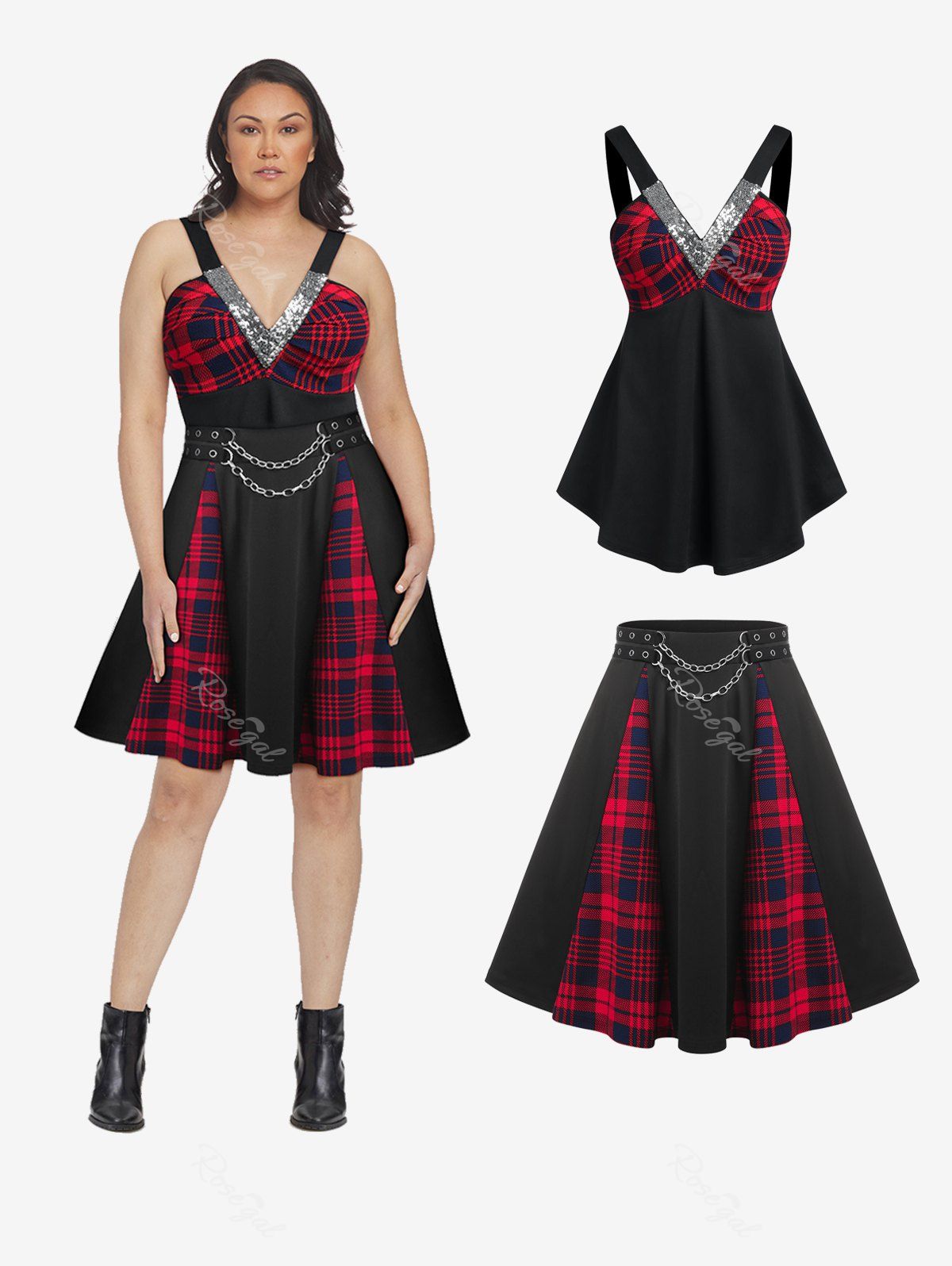 Fashion Sequin Plaid Empire Waist Tank Top and Chain A Line Skirt Plus Size Festival Outfits  