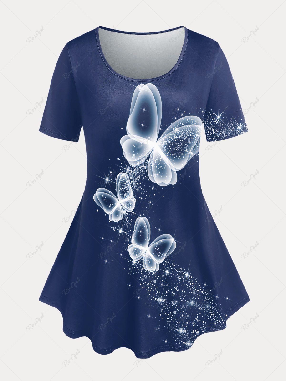 T-shirt Evasé Décontracté à Imprimé Papillon de Grande Taille Bleu profond M | US 10
