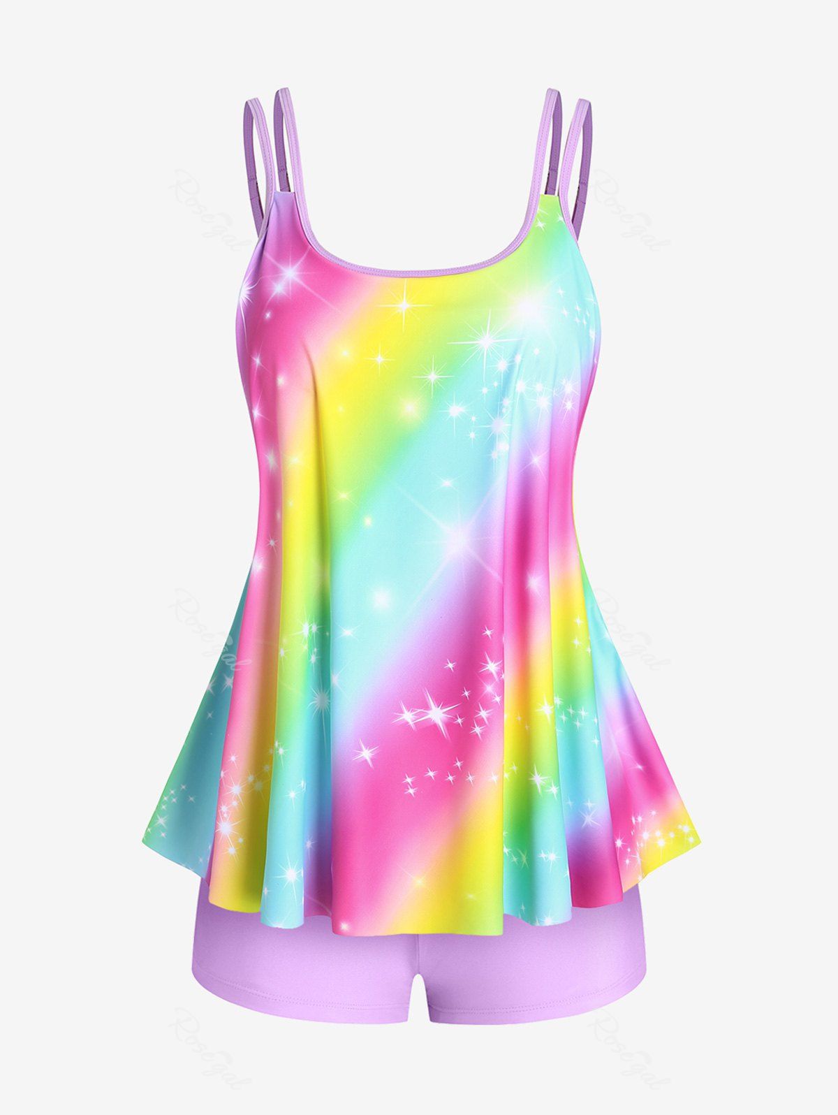 Outfit Plus Size & Curve Rainbow Color Starlight Boyleg Modest Tankini Swimsuit  