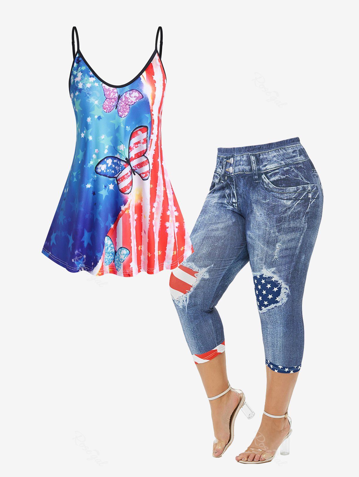 Shop Patriotic American Flag Butterfly Tank Top and Skinny American Flag 3D Capri Jeggings Plus Size Summer Outfit  