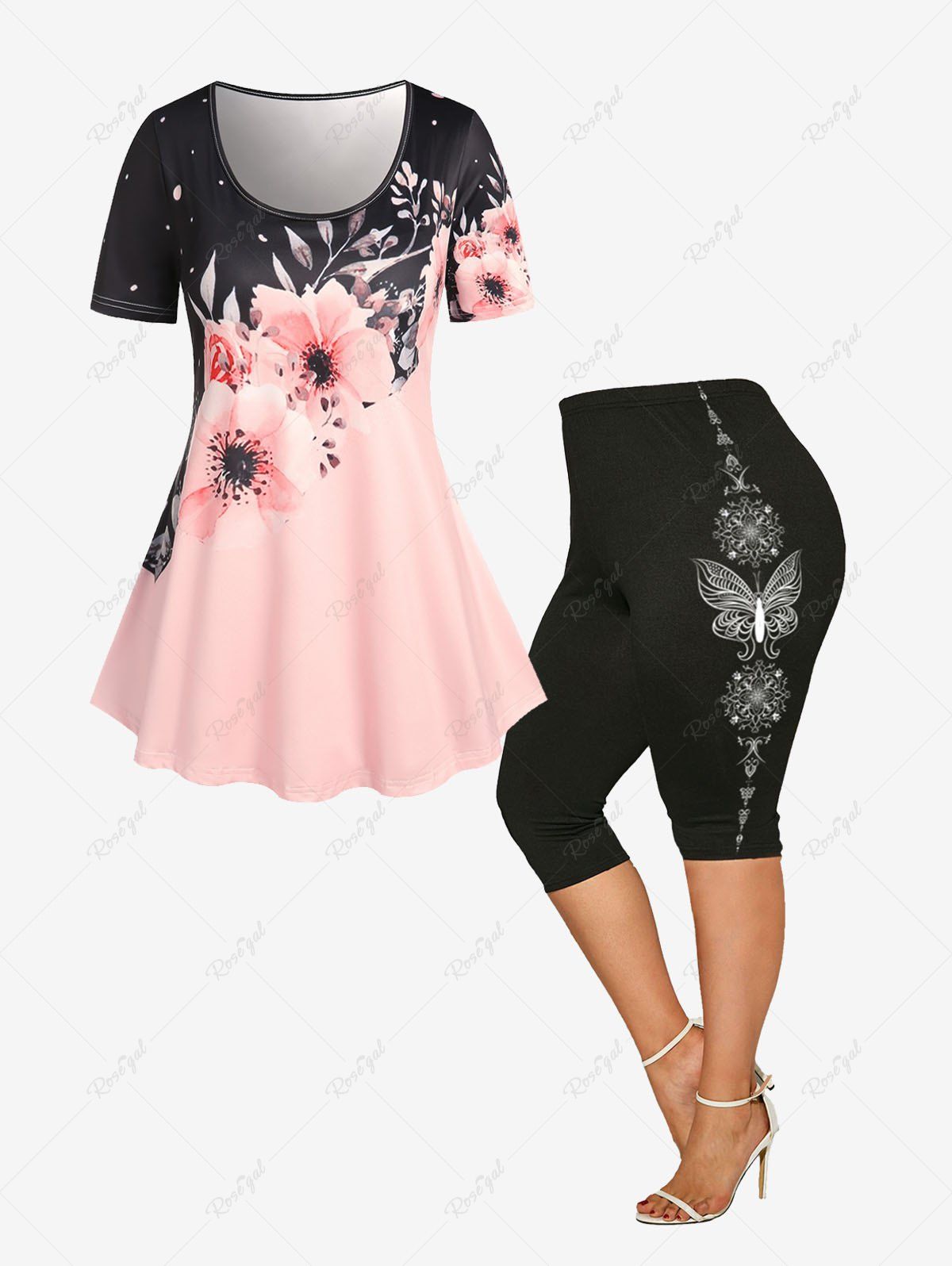 Unique Floral Colorblock Tee and Butterfly Capri Leggings Plus Size Summer Outfit  