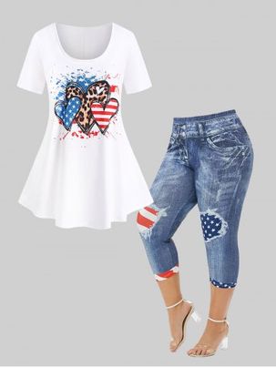 Patriotic American Flag Heart Print Tee and American Flag 3D Printed Skinny Capri Jeggings Plus Size Summer Outfit