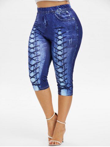 Plus Size High Waist 3D Lace Up Jean Print Capri Leggings - BLUE - M | US 10