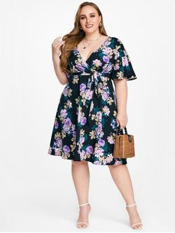 Flutter Sleeve Belted Floral Print Plus Size Bohemian Midi Dress - BLACK - 1X | US 14-16