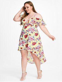 Cold Shoulder Ruffled Floral Print High Low Plus Size & Curve Midi Dress - LIGHT YELLOW - 1X | US 14-16