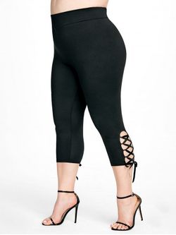 Plus Size & Curve Lace Up Solid High Waisted Capri Leggings - BLACK - 1X | US 14-16