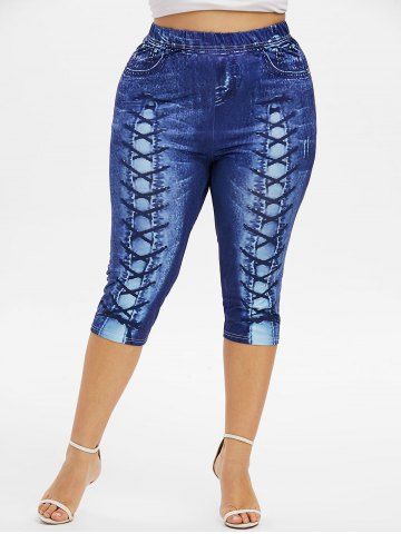 Plus Size High Waist 3D Lace Up Jean Print Capri Leggings