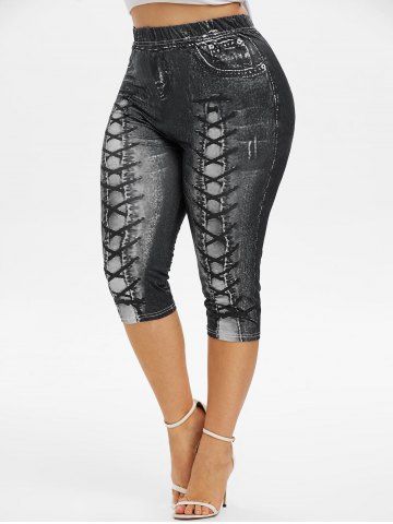 Plus Size High Waist 3D Lace Up Jean Print Capri Leggings - BLACK - 1X | US 14-16