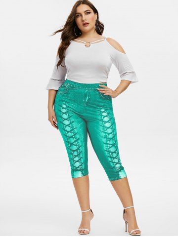 Women's Fashion Plus Size 3D Lace Up Jean Print Capri Shorts Leggings