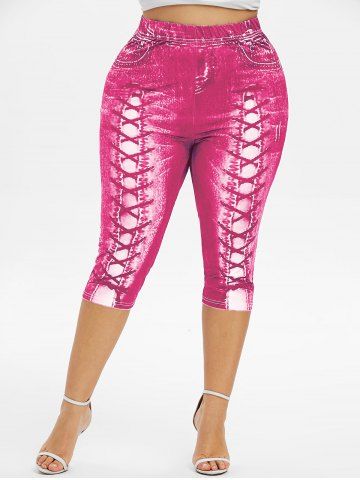 Plus Size High Waist 3D Lace Up Jean Print Capri Leggings
