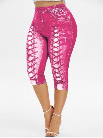 Plus Size High Waist 3D Lace Up Jean Print Capri Leggings - LIGHT PINK - 3X | US 22-24