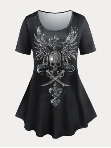 T-shirt Gothique Manches Courtes à Crâne et Ailes Grande Taille - BLACK - 4X | US 26-28
