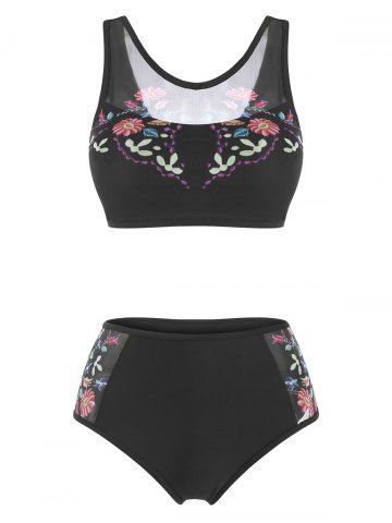 Flower Print Mesh Panel Tankini Swimsuit - BLACK - XXL