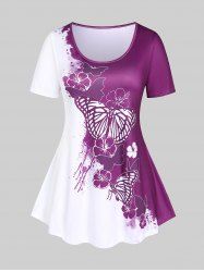 T-shirt Bicolore à Imprimé Papillon de Grande Taille à Ourlet Courbe - Pourpre  1X | US 14-16