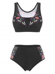 Maillot de Bain Tankini à Imprimé Fleur Panneau en Maille - Noir XXL
