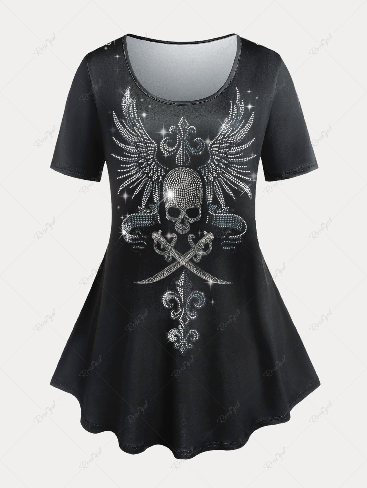 T-shirt Gothique Manches Courtes à Crâne et Ailes Grande Taille Noir 