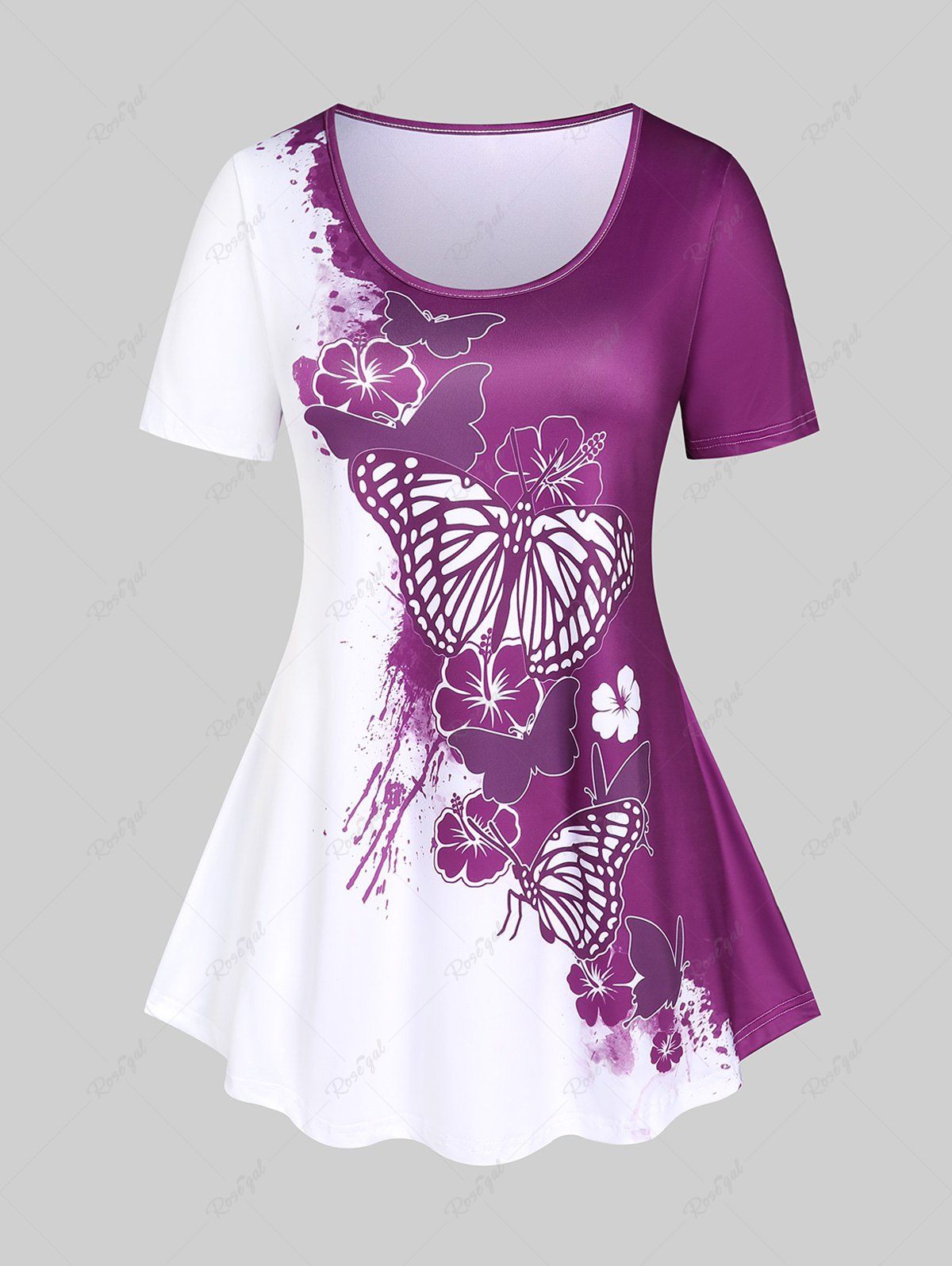 T-shirt Bicolore à Imprimé Papillon de Grande Taille à Ourlet Courbe Pourpre  3X | US 22-24