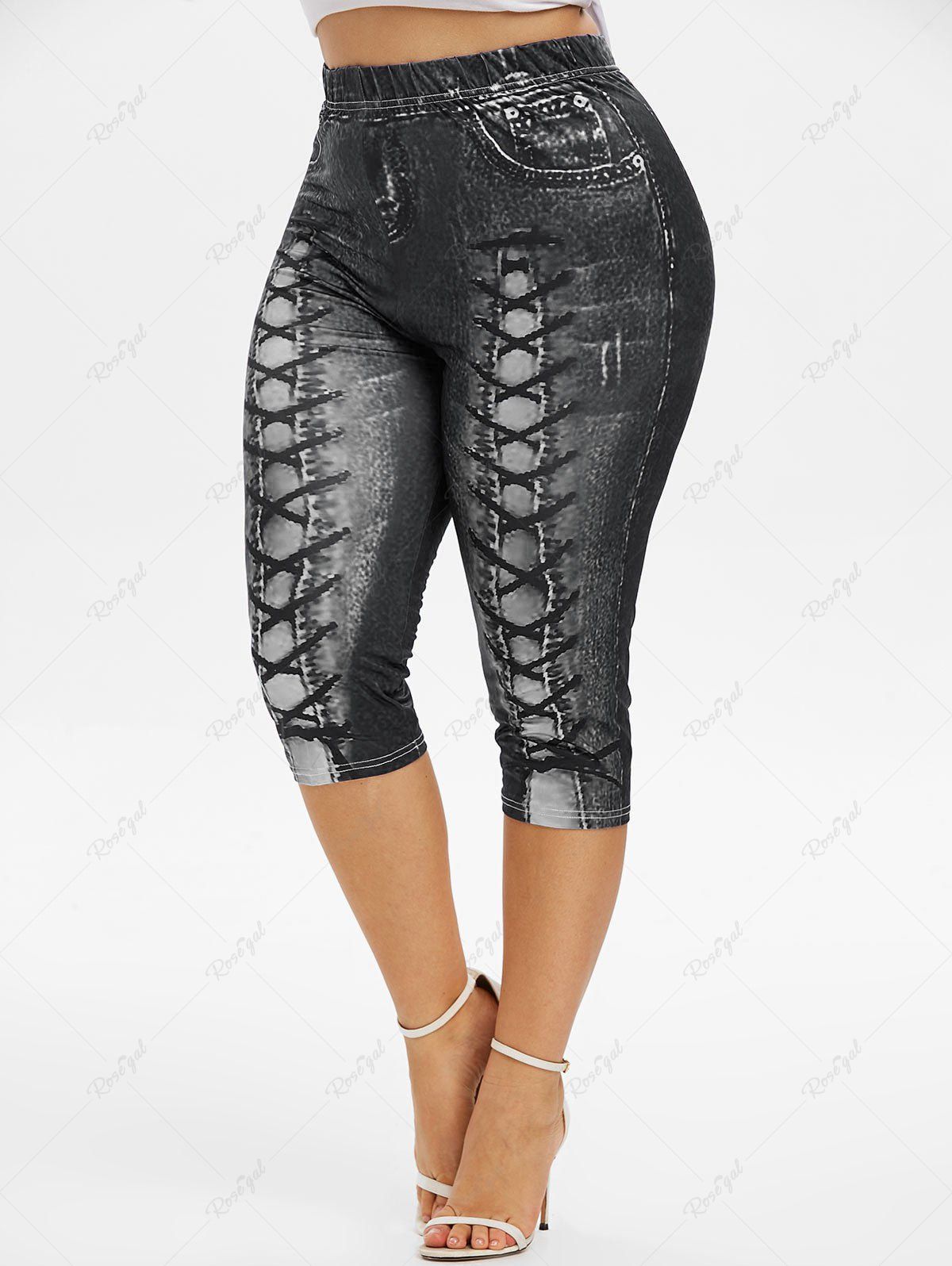 Latest Plus Size High Waist 3D Lace Up Jean Print Capri Leggings  