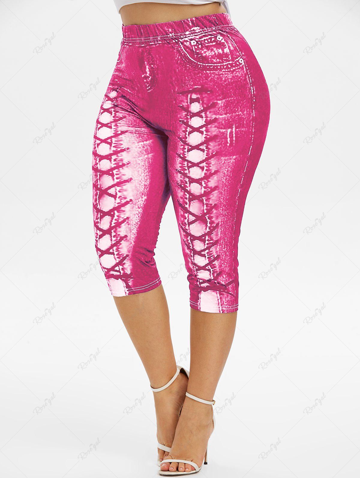 Store Plus Size High Waist 3D Lace Up Jean Print Capri Leggings  