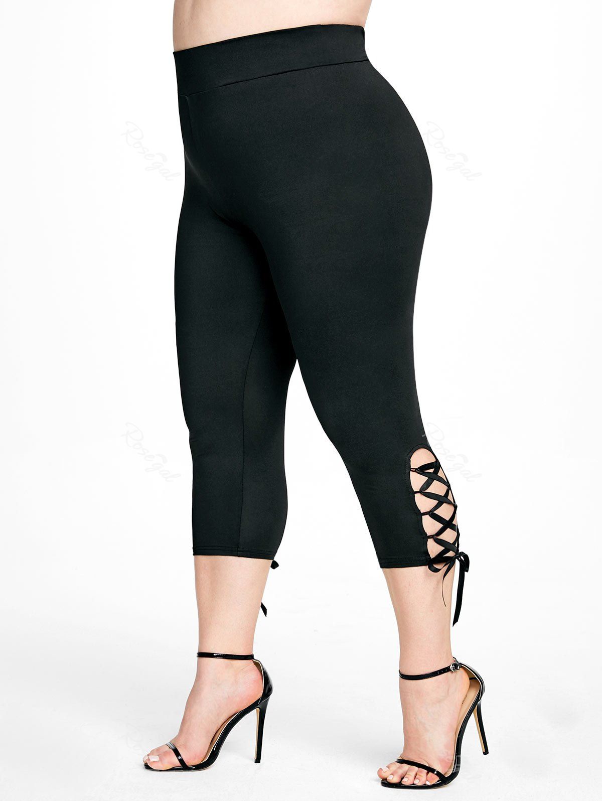 Online Plus Size & Curve Lace Up Solid High Waisted Capri Leggings  