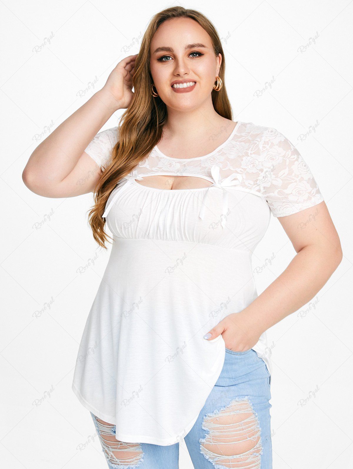T-shirt Tunique Découpé à Nœud Papillon à Empiècement Dentelle Grande Taille Blanc 
