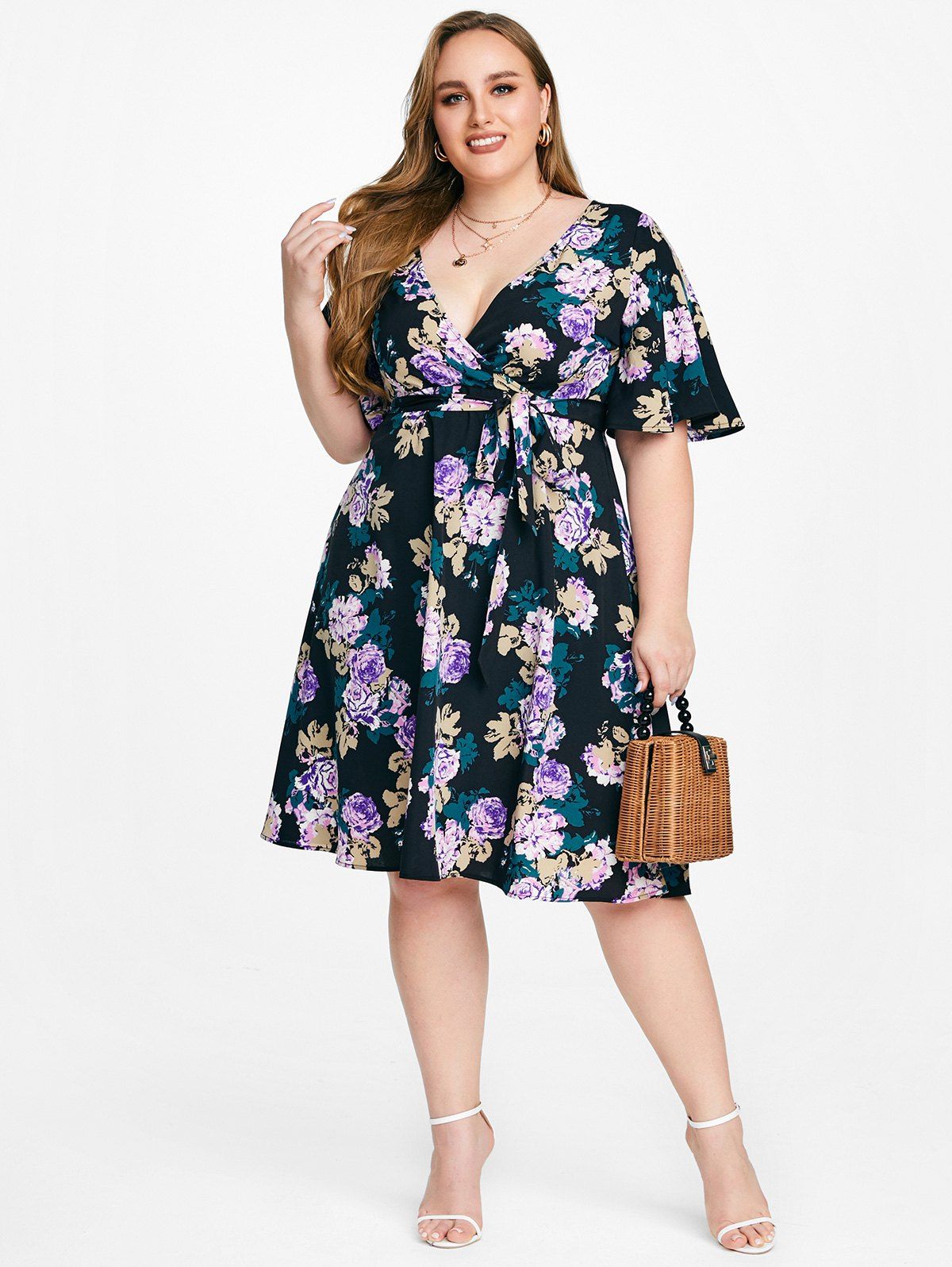 Outfits Flutter Sleeve Belted Floral Print Plus Size Bohemian Midi Dress  