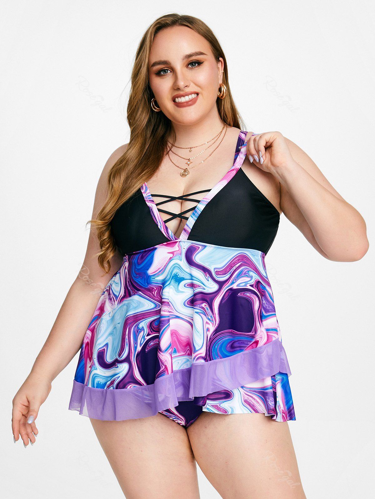Outfit Plus Size & Curve Swirls Printed Criss Cross Padded Straps Tankini Swimsuit  