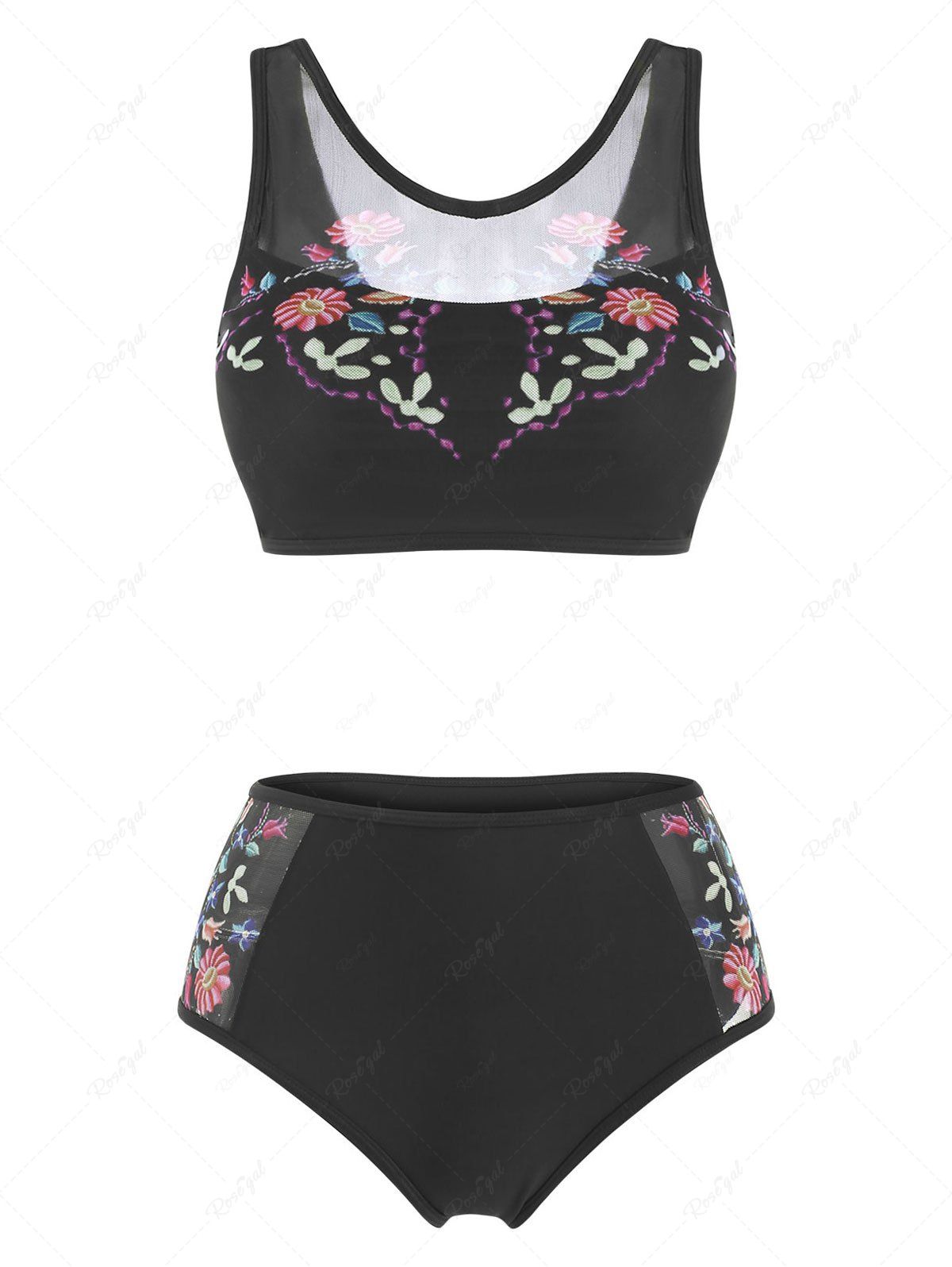 Maillot de Bain Tankini à Imprimé Fleur Panneau en Maille Noir XXL