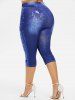 Plus Size High Waist 3D Lace Up Jean Print Capri Leggings -  