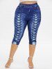 Plus Size High Waist 3D Lace Up Jean Print Capri Leggings -  