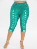 Plus Size High Waist 3D Lace Up Jean Print Capri Leggings -  