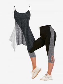 Space Dye Handkerchief Cami Top and Contrast Skinny Capri Leggings Plus Size Summer Outfit - GRAY