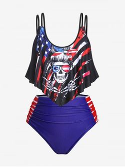 Plus Size & Curve American Flag Padded Overlay Patriotic Tankini Swimsuit - MULTI - L