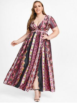 Plus Size & Curve Plunge High Slit Bohemian Print Dress