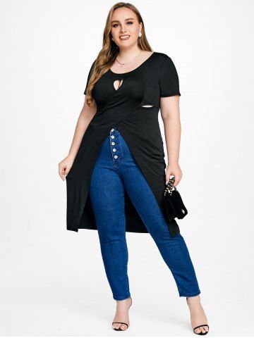 Plus Size & Curve Front Slit Cutout Longline T-shirt - BLACK - L