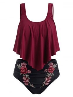 Plus Size & Curve Rose Embroidered Overlay Padded Tankini Swimsuit - DEEP RED - 1X